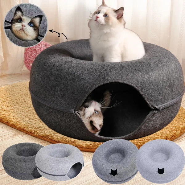 2-in-1 Donut Cat Bed & Play Tunnel | Interactive Felt Hideaway